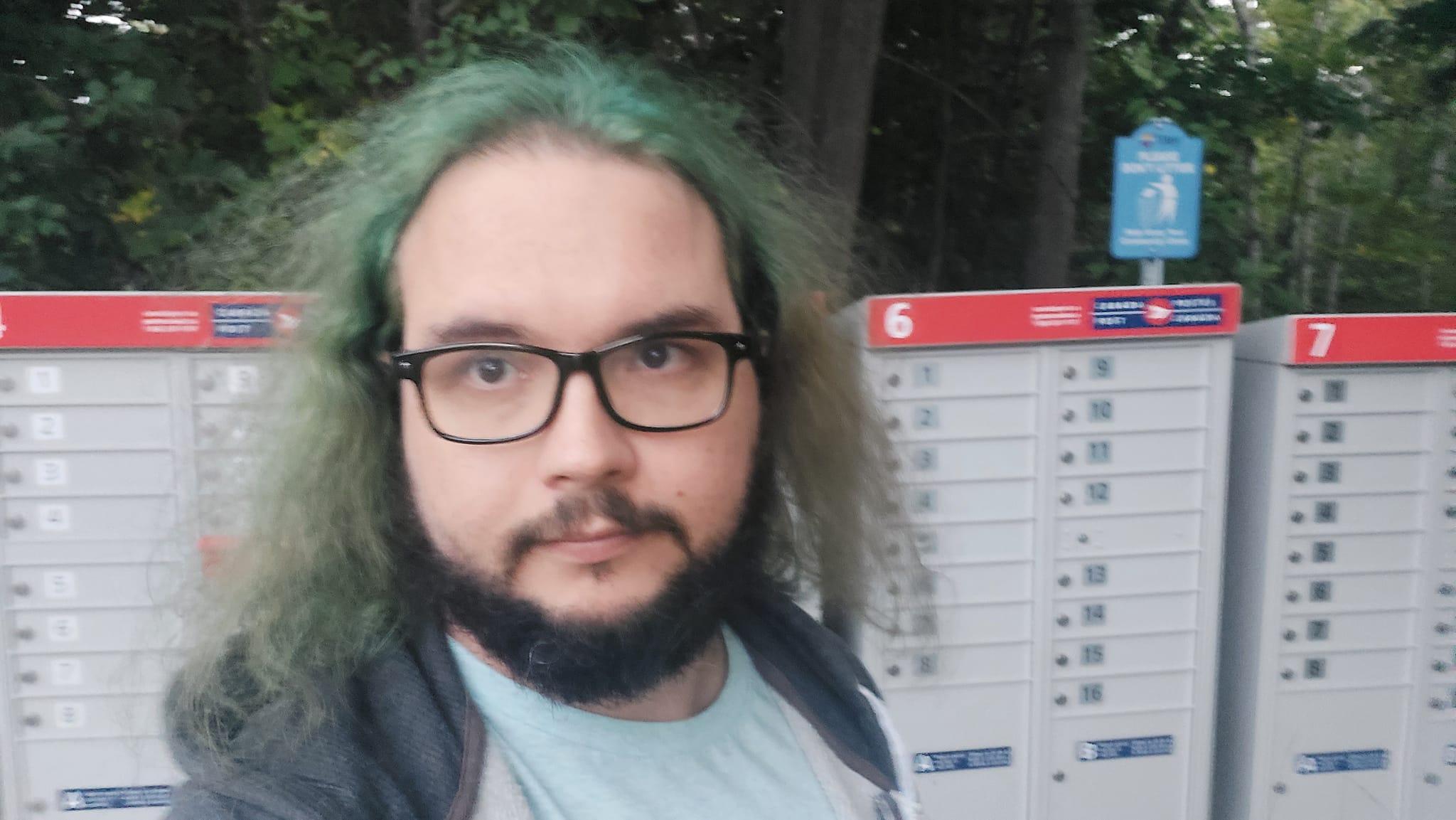 A man with green hair and a beard is outside in front of a community mailbox